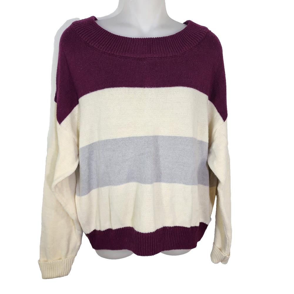 Lucky Brand Womens Sweater Medium Striped Maroon Beige Color Block Pullover